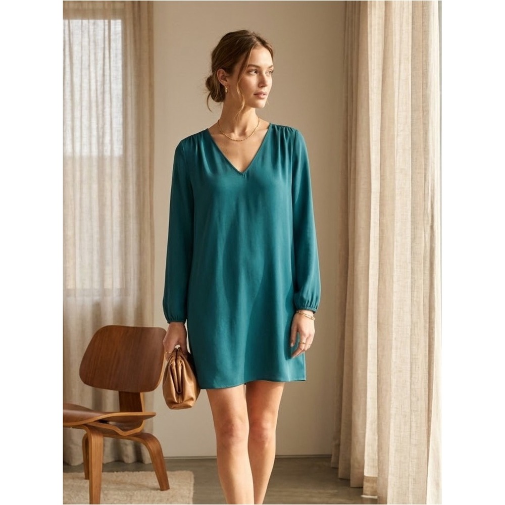 Rebecca Minkoff Teal Blue 100% Silk V-Neck Long Sleeve Mini Dress 8 Elevated